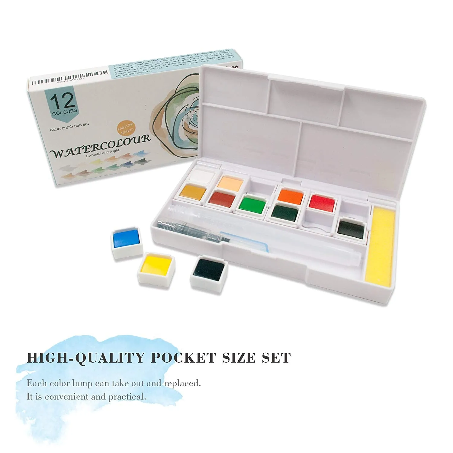 Ezigoo Watercolour Paint Set - 12 Colours   Aqua Brush