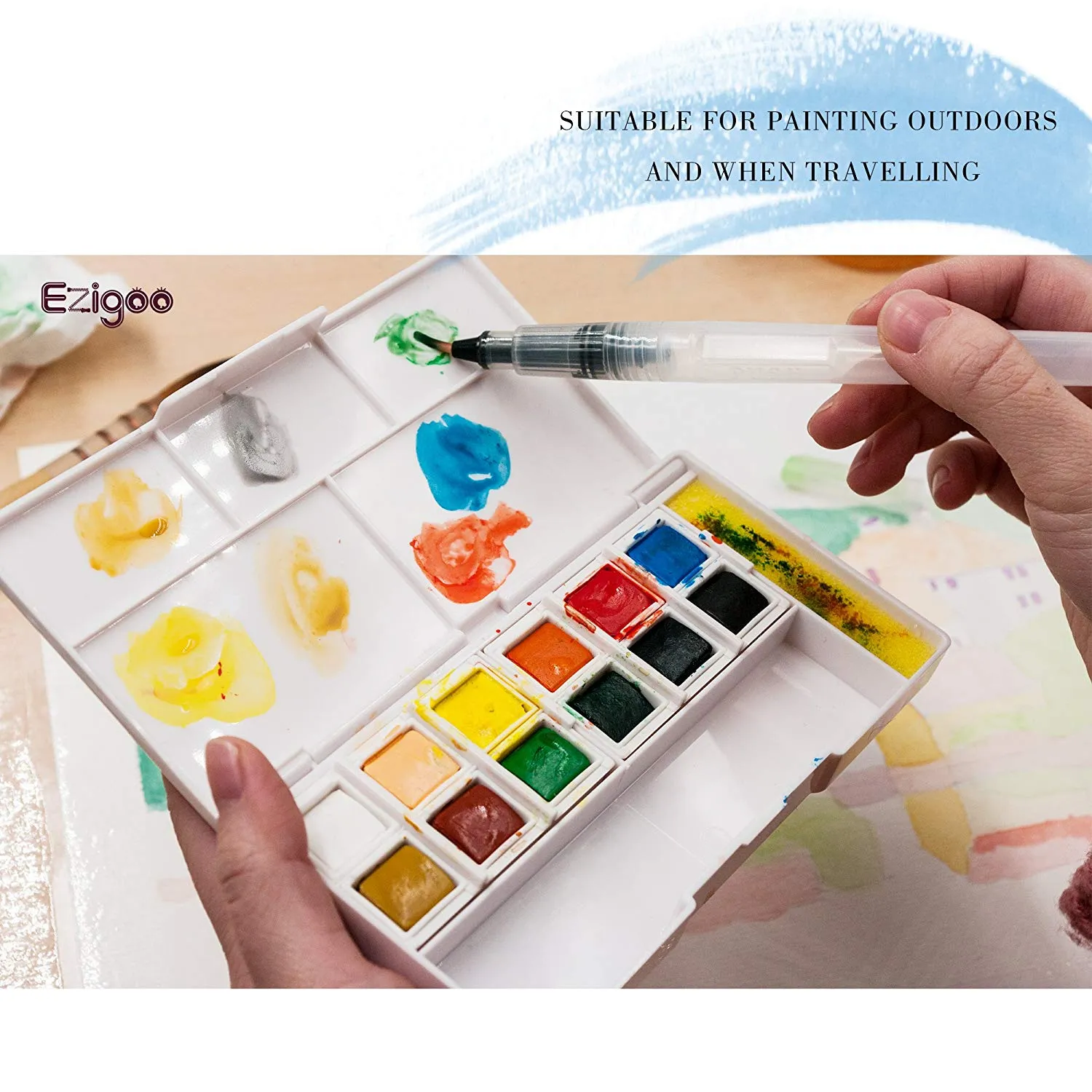 Ezigoo Watercolour Paint Set - 12 Colours   Aqua Brush