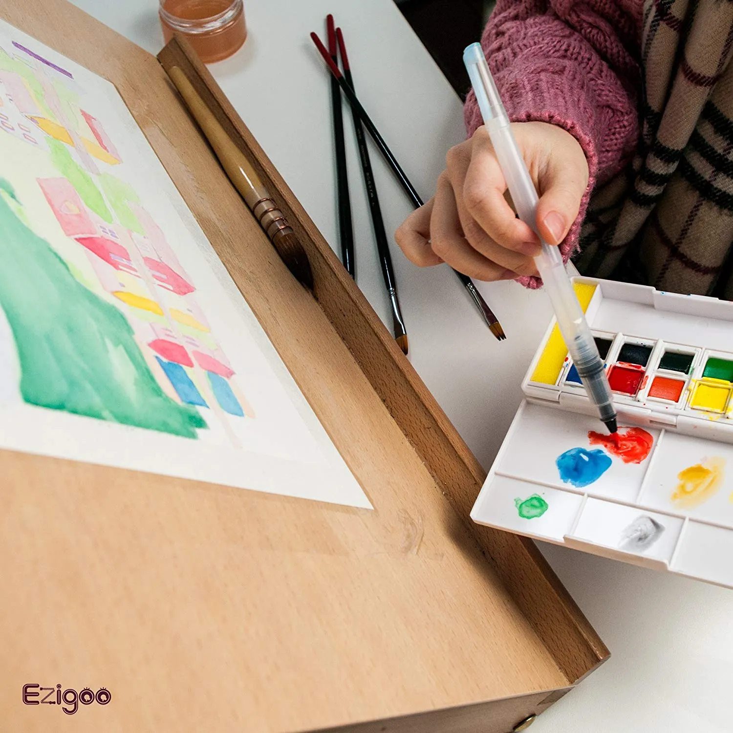 Ezigoo Watercolour Paint Set - 12 Colours   Aqua Brush