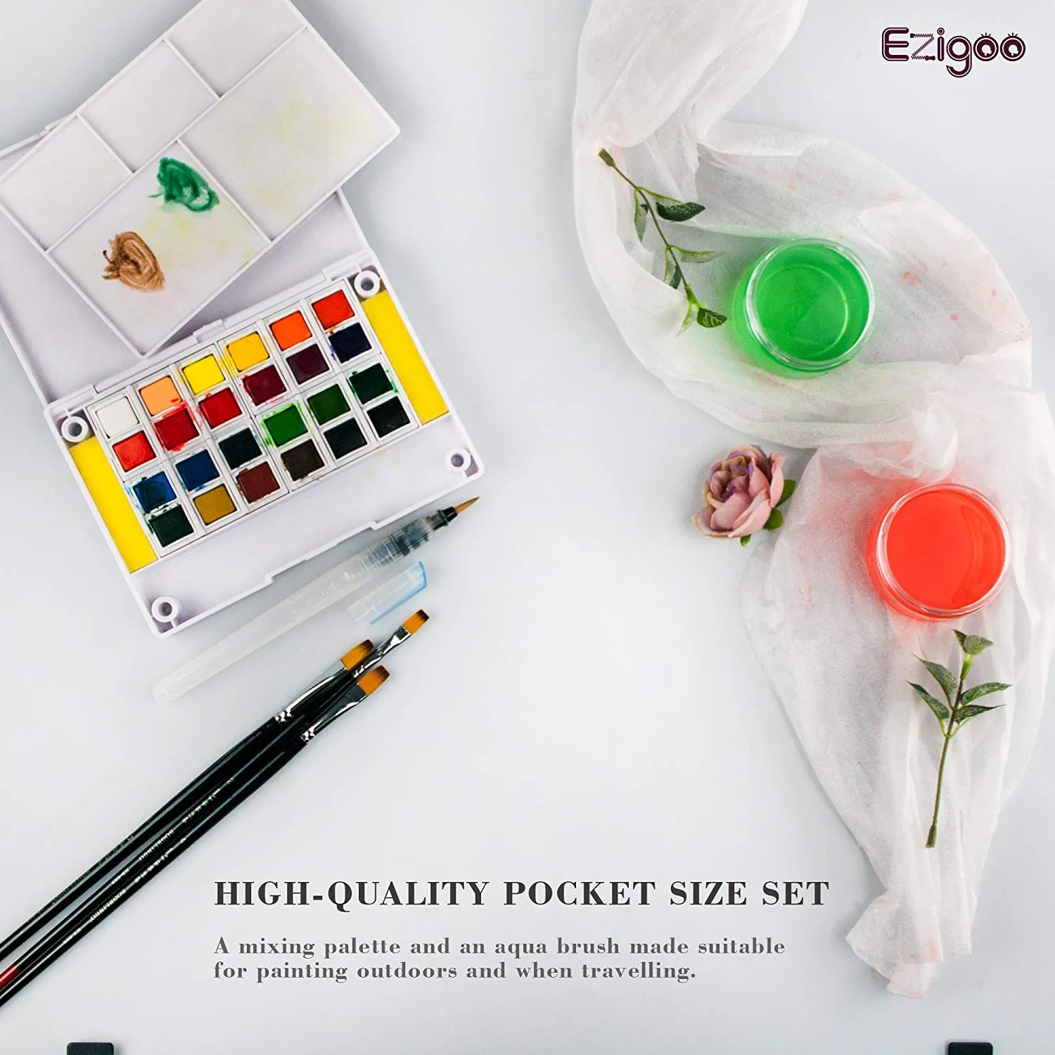 Ezigoo Watercolour Paint Set - 24 Colours   Aqua Brush
