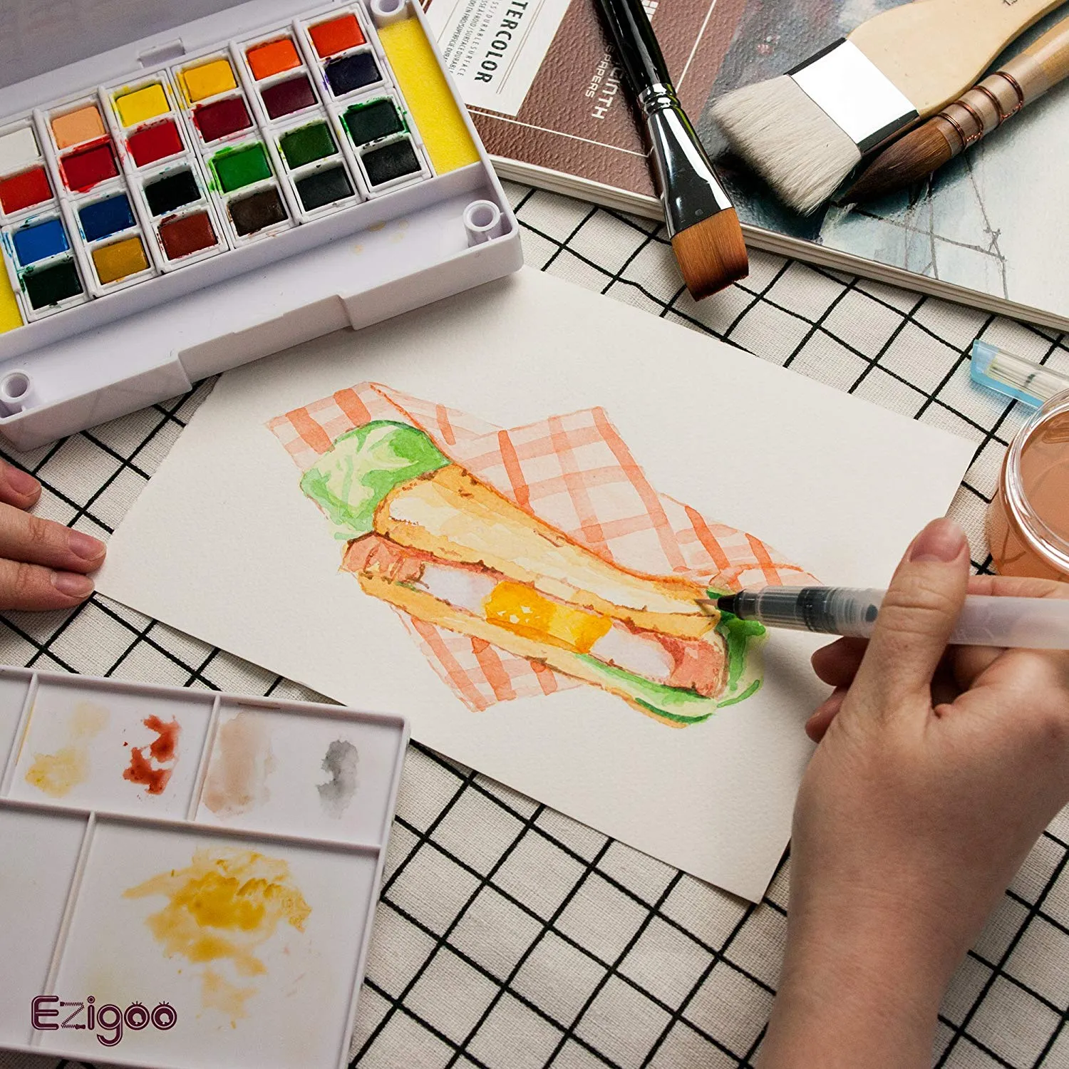 Ezigoo Watercolour Paint Set - 24 Colours   Aqua Brush